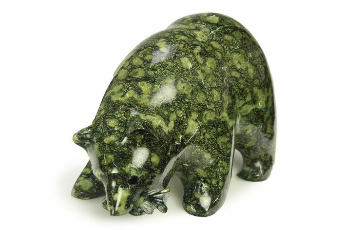 Realistic, Polished Serpentine Stone Bear with Fish - Oklahoma #308417